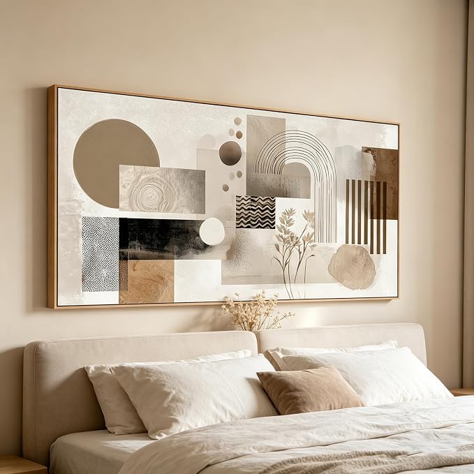 Sorbrozo Framed Abstract Arch Wall Art Modern Geometric Line Art Canvas Print Natural Wood Frame Minimalist Boho Earth Tone Decor for Living Room Bedroom Office 24x48 inch