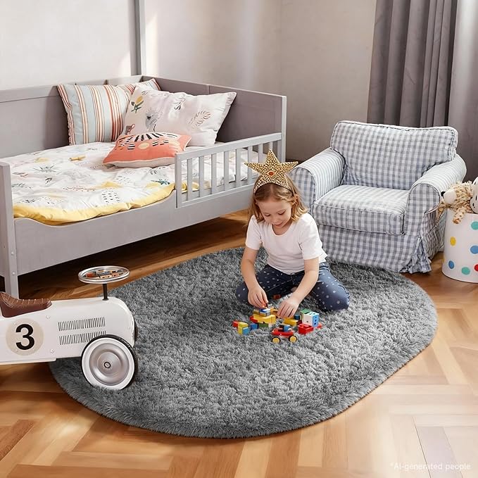 Ophanie 3x5 Oval Rug, Bedside Preppy Dorm Area Rug, College Essentials Non Slip Grey Small Carpets for Bedroom, Anti Slip Fluffy Gray Living Room Rugs Decor, Nursery with Over 99 pcs Pile fibers