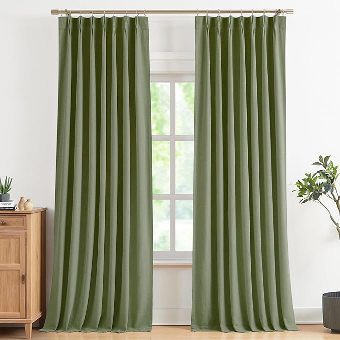 Vision Home Dark Green Pinch Pleated Full Blackout Curtains Linen Blended Room Darkening Curtain Panels 95 inch for Living Room Bedroom Thermal Insulated Pinch Pleat Drapes with Hooks 8FT 40"Wx95"Lx2