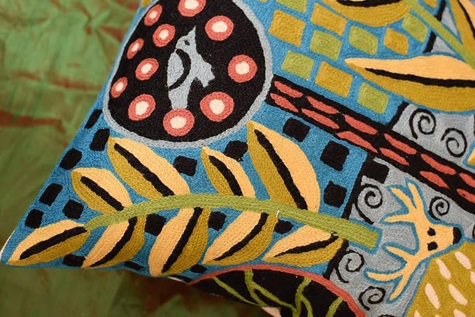 Turquoise Tree of Life Throw Pillow Cover Karla Gerard Plant Pillowcase Deer Design Cushion Green Teal Flower Animal Face Cushion Flower Pillowsham Hand Embroidered Wool 18x18 Inch