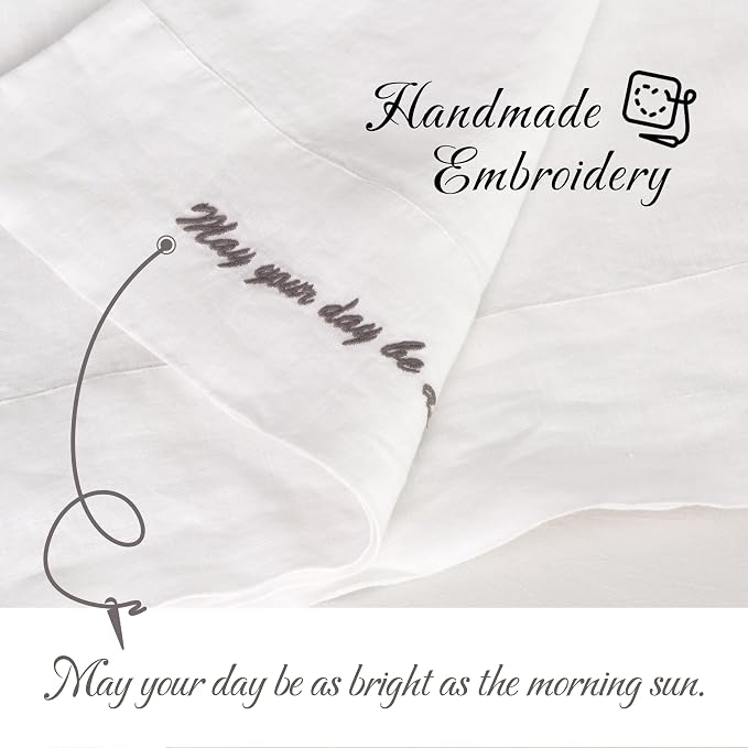 Linen Pillow Cases with Embroidery Design,20"x40" King Size Set of 2,100% French Flax Soft Handmade Linen Pillowcases,White Embroidery
