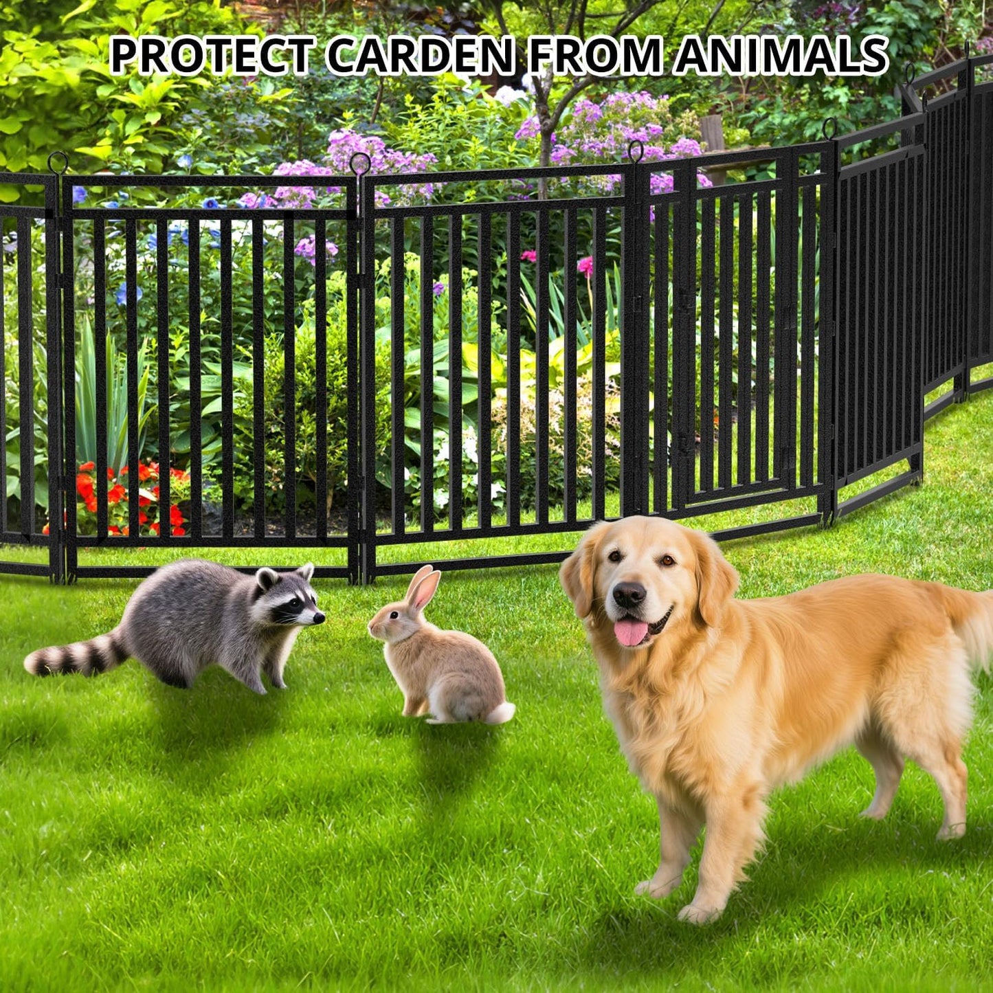 Decorative Garden Fence Metal Dog Fence Outdoor for Yard, 36ft (L) × 32in (H), 14 Panels + 2 Gates, Rustproof Animal Barrier Fencing for Patio & Flower Bed, No Dig, Black-Silver