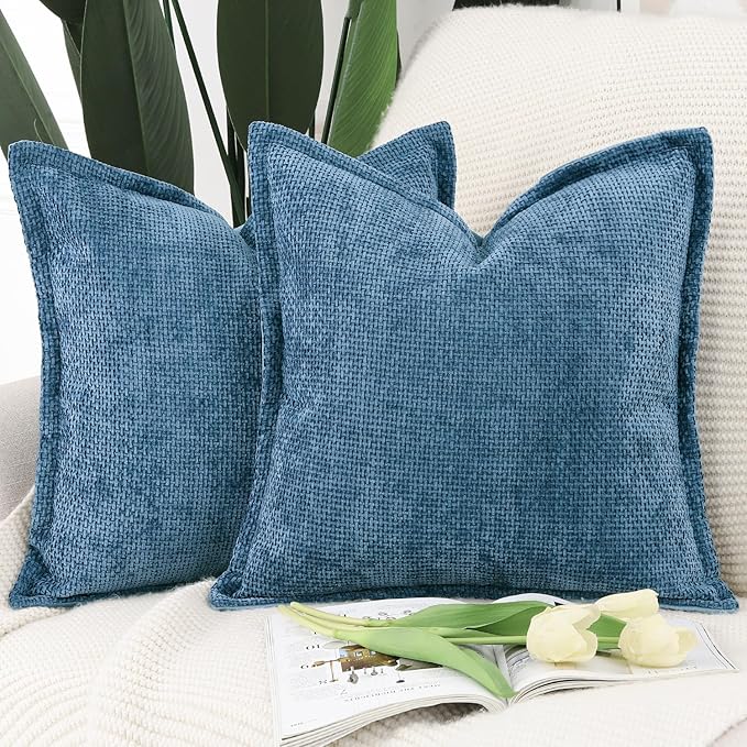 MADIZZ Decorative Chenille Velvet Throw Pillow Covers Set of 2 Soft Boho Textured Neutral Couch Throw Pillow for Bed Modern Farmhouse Home Decor for Sofa Livingroom Dark Blue 18x18 Inch