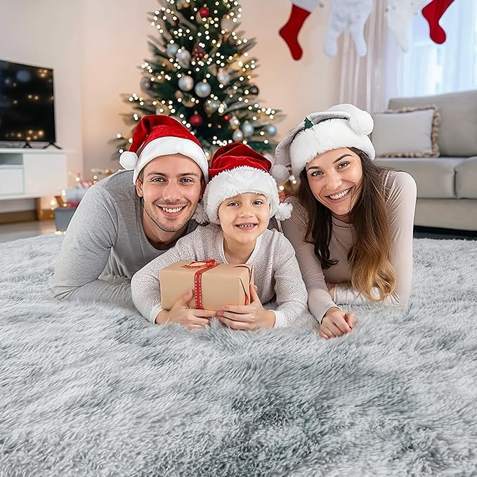 Grey Fluffy 9x12 Large Area Rugs for Bedroom Living Room, Tie-Dye Light Gray Soft Washable Shag Carpet for Kids Room, Nursery, Dorm Decor, Colorful Cute Plush Fuzzy Rugs for Baby Toddler