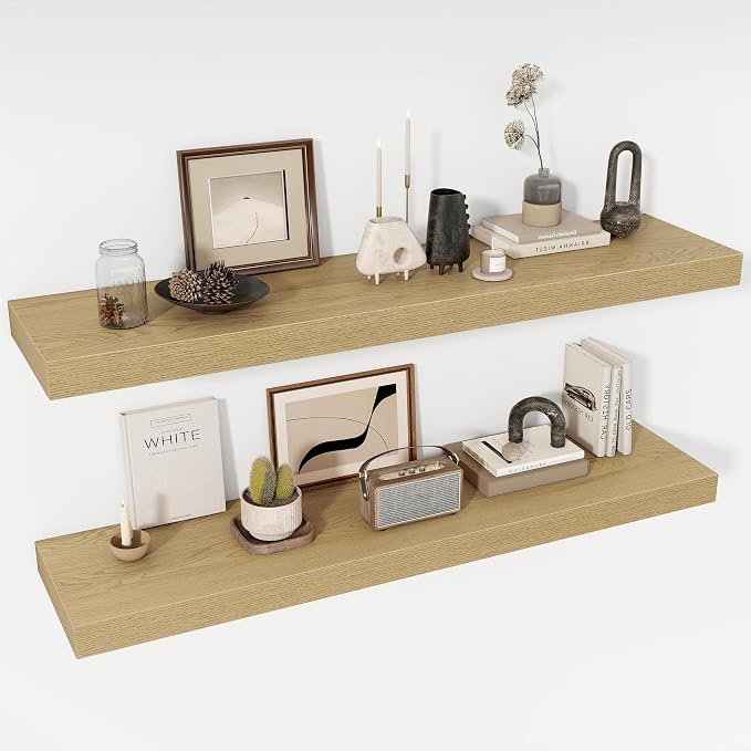 Acovy 48 Inch Floating Shelves, 12" Deep Floating Shelf Wall Mounted, 48" Wall Shelves, Rustic Deep Bookshelf, Extra Deeper & Thicker Display Shelves for Bedroom, Living Room, Oak, Set of 2