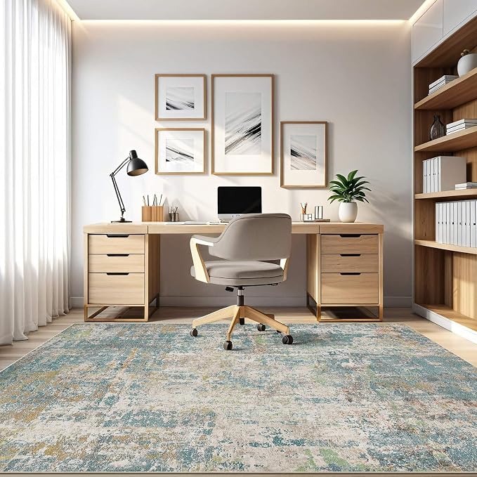 7x9 Area Rug Living Room: Washable Large Abstract Neutral Modern Soft Rugs Stain Resistant Indoor Floor Non-Slip Accent Carpet for Bedroom Nursery Playroom Office Dining Room Home Decor- Teal