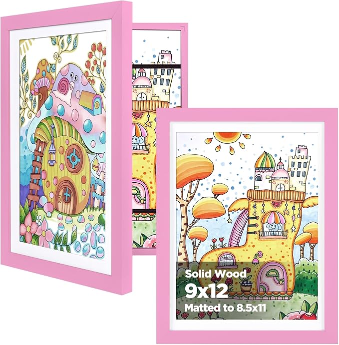 KINLINK 9x12 Kids Art Frame Set of 2, Solid Wood Kids Artwork Frames Changeable with Front Opening Hold 150 Pictures, Art Frames for Kids Art with Mat，without Mat 9x12 Picture Frame Pink