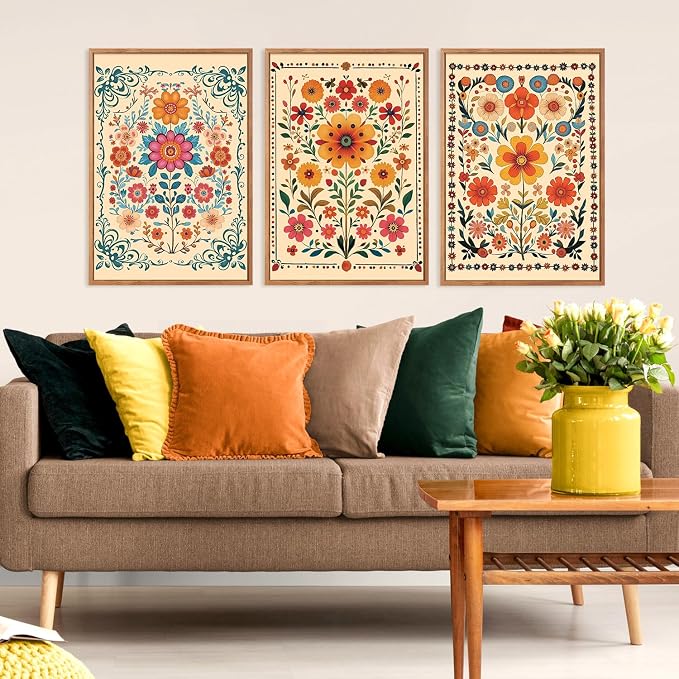 HOURIA 3Pcs Framed Mexican Floral Canvas Wall Art (16"x24"), Abstract Orange Botanical Latin Folk Wall Decor, Vintage Mid Century Modern Tropical Flower Art Print for Office Farmhouse Bedroom