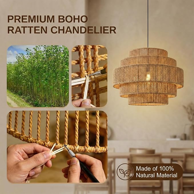 5-Tier Boho Rattan Chandelier Light Fixture, 13” Hand Woven Hemp Rope Pendant Light, Large Farmhouse Hanging Lamp for Dining Room, Kitchen Island, Bedroom, Living Room, Entryway, Foyer, Coastal Decor