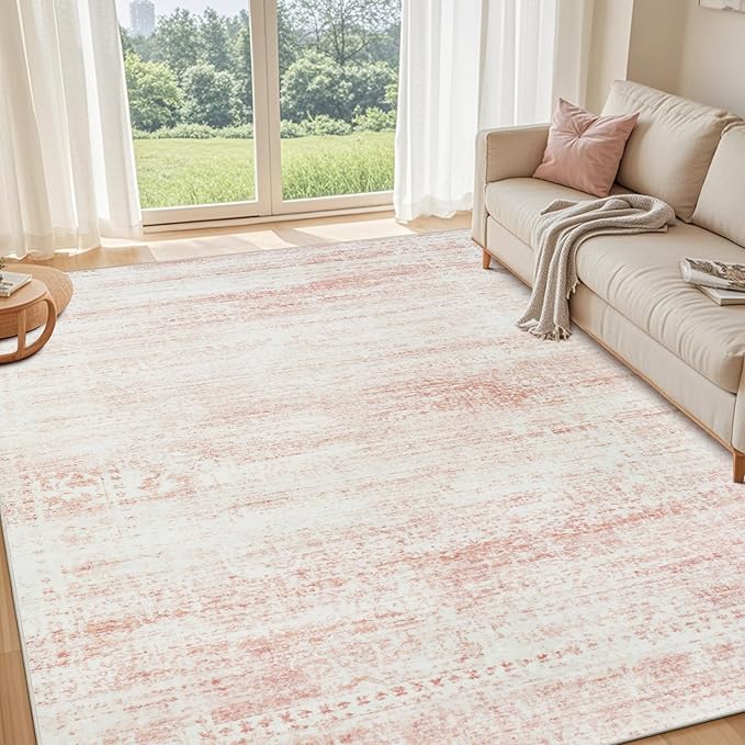 Srugn Washable Rugs 6x9 Area Rugs for Living Room,Bedroom,Dining Room- Ultra Soft Faux Wool Nursery Rug for Baby Girl,Neutral Light Pink Low Pile Vintage Carpets for Dorm Kids Playroom,Non Slip