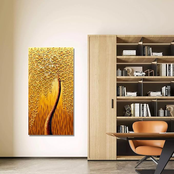 Yika Art, 3D Paintings Modern Abstract Oil Painting Hand Painted On Canvas Abstract Artwork Picture Wall Decoration for living room - Golden Lucky Tree Wall Art-24X48 Inch