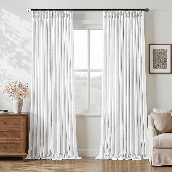 108 Inch Pinch Pleated Snow White Curtains for Living Room Light Filter Memory Training Pinch Pleat Extra Long Curtains for Living Room Bedroom 108 Inches Linen Drapes with Hooks Rings 2 Panels Set