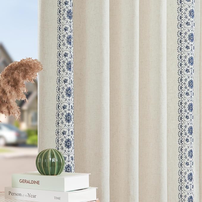 jinchan Weslie Boho Curtains for Bedroom Blue Vintage Floral Farmhouse Curtains 90 Inches Long Linen Drapes for Living Room Embroidered Light Filtering Drapes Rod Pocket Blue on Beige 2 Panels