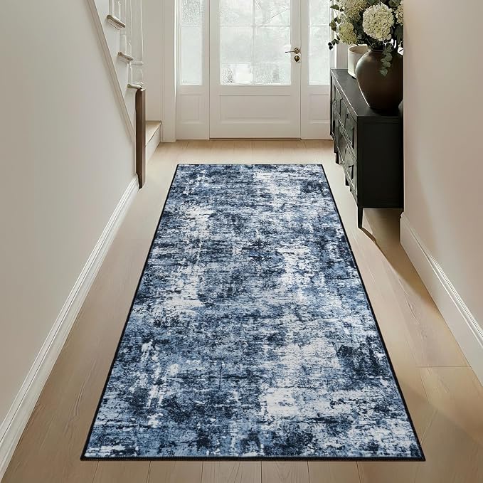 Rugflix 2x6 Runner Rug for Entryway, Kitchen Rugs Soft Non-Slip Washable Runners for Hallway, Abstract Small Carpet with Non-Slip Backing for Bedroom, Living Room, Navy Blue/Black