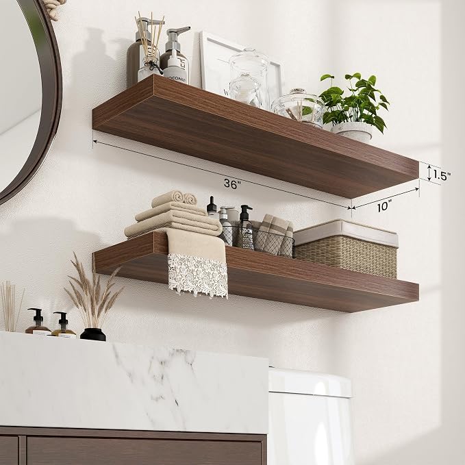 Axeman 36Inch Floating Shelves for Wall, 2 Pack Shelves for Bedroom, Bathroom, Kitchen, Hanging Wall Mounted Rustic Wood Shelf with Invisible Brackets for Books Decor, Walnut