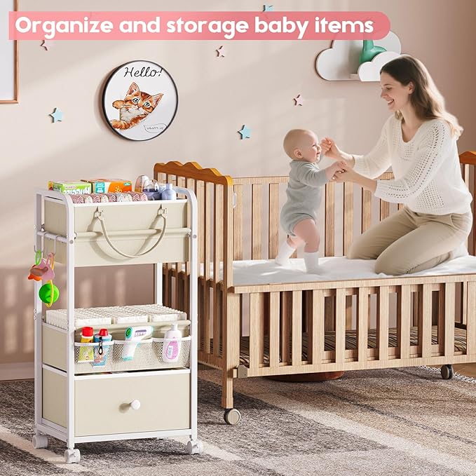 Cidaziya 2In1 Baby Diaper Caddy Organizer and Storage, 3 Tier Rolling Cart with Drawer, Mobile Utility Cart Baby Dresser Clothes Organizer for Crib, Art & Craft Storage, White, 17"W x 11.42"D x 33.5"H