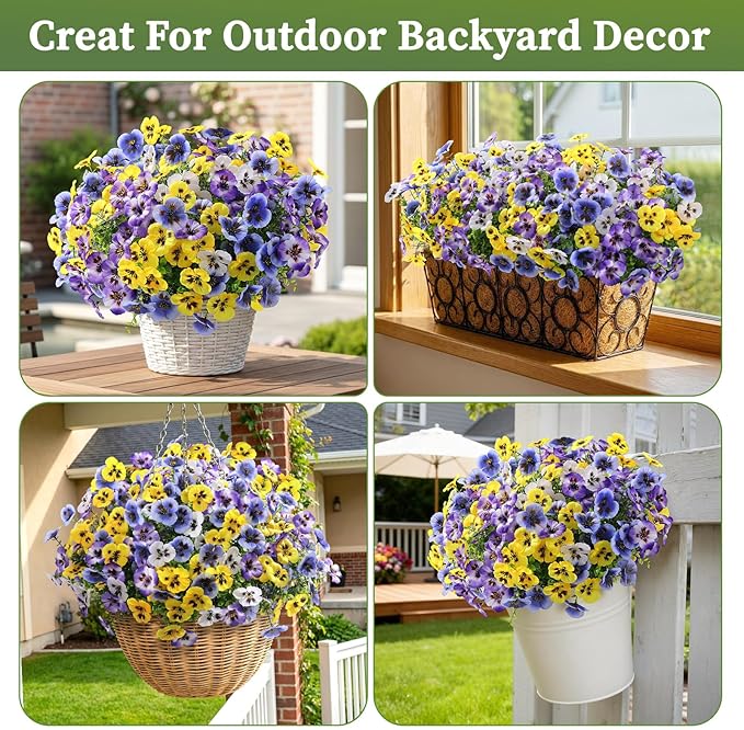 Alupssuc 24 Bundles Artificial Flowers for Outdoors, Fake Spring Flowers for Decoration, UV Resistant Realistic Pansies with Eucalyptus Silk Faux Flowers for Porch Patio Yard, 4 Mix Colors