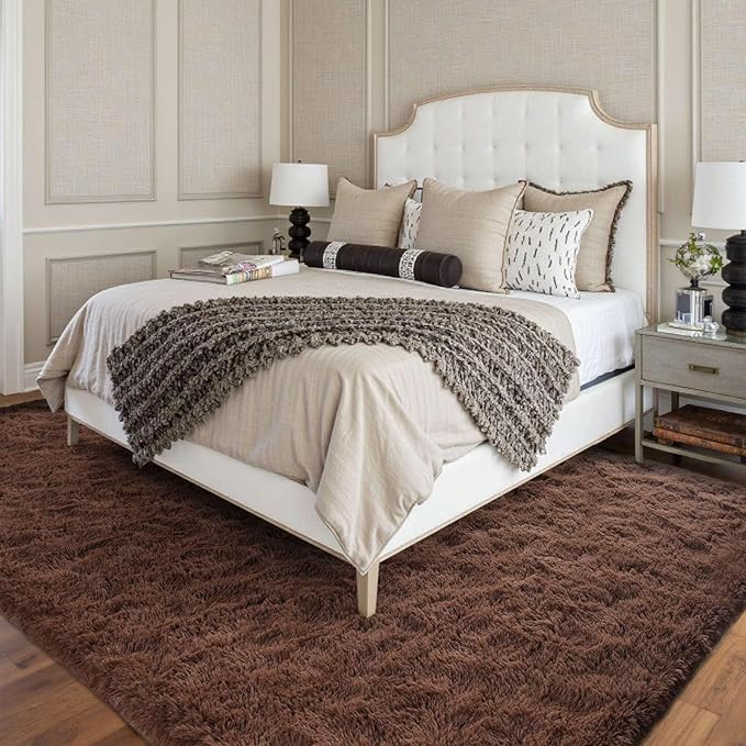FinRèc Dark Brown Rugs for Bedroom Living Room, 4x6 Feet Fluffy Shaggy Area Rug, Non-Slip Soft Shag Rug for Nursery Kids Room Dorm Room Home Decor, Indoor Plush Floor Carpet