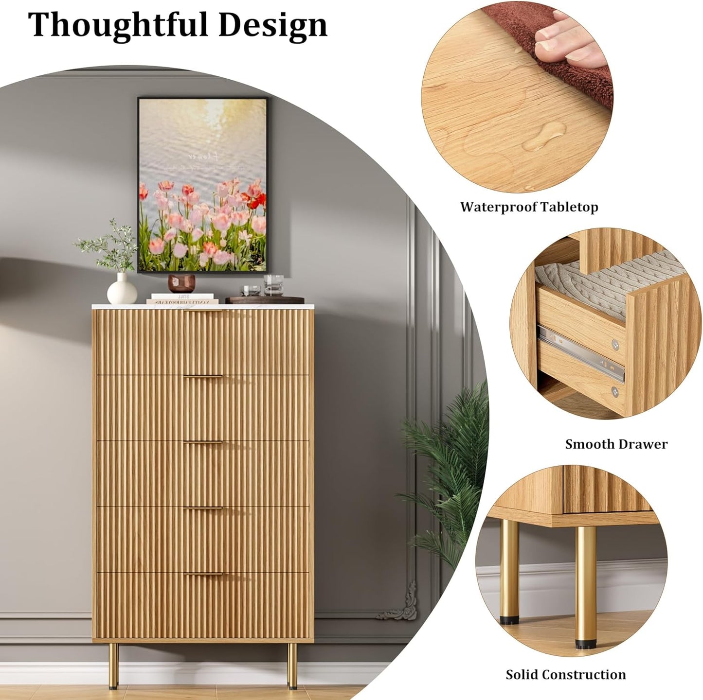 Fluted Wood Dresser 5 Drawers Dresser for Bedroom, Modern Chest of Drawers, Tall Brown Dresser with Faux Marble Top and Gold Handle, Wood Drawer Organizer for Bedroom, Living Room, Hallway, Entryway