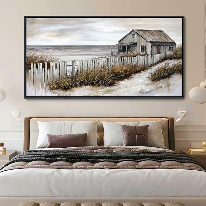 YDYSUNE Village Coastal Wall Art for Living Room - Retro Beach Fenced House Large Canvas Wall Decor for Home Artwork Painting Print for Bedroom Decoration Kitchen Office Picture Framed 29x58 Inches