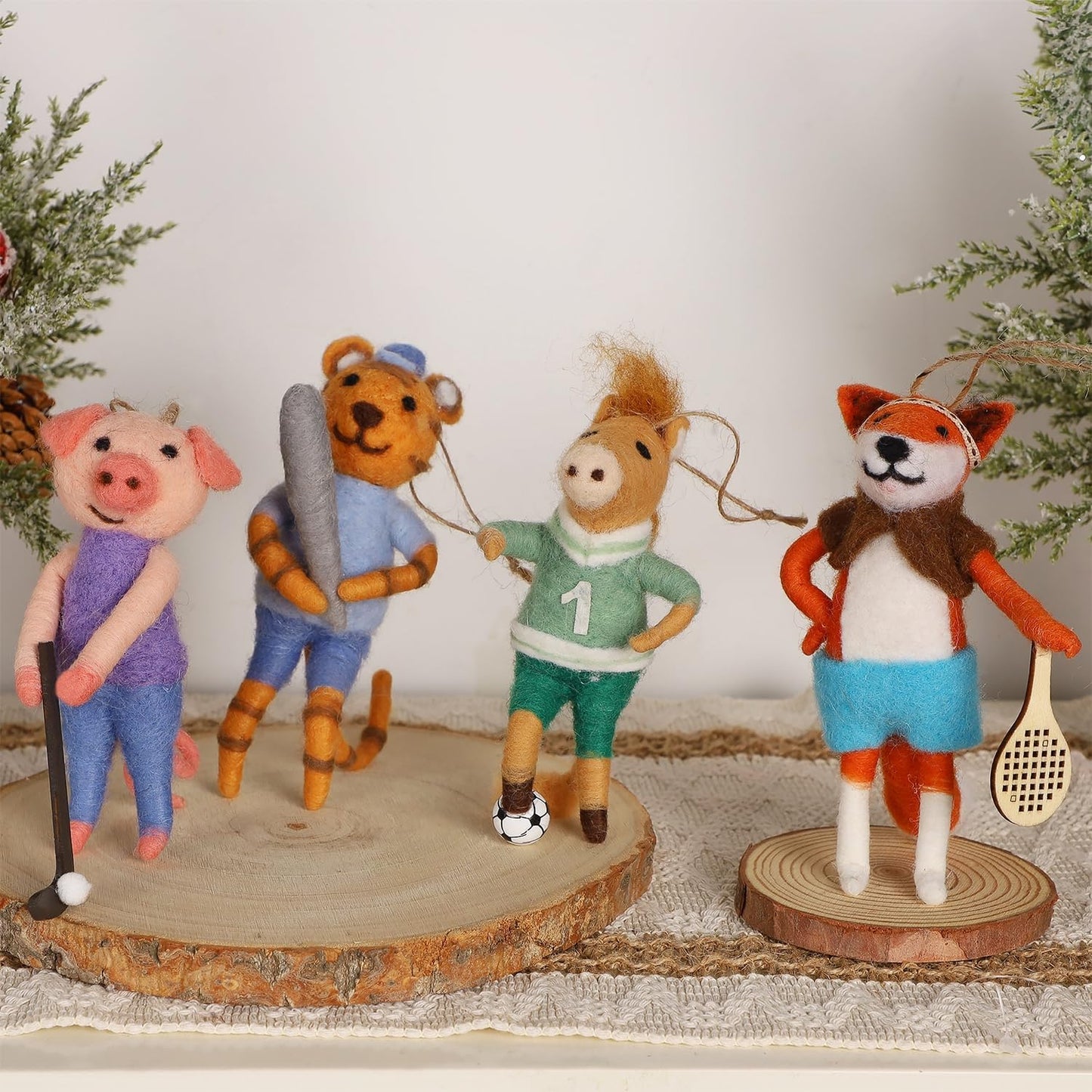 Set of 4 Christmas Felt Animal Athletes Ornaments, 5" Mini Hanging Wool Player Figurines, Tiered Tray Tabletop Decor, Animal Crafts Xmas Tree Festival Holiday Easter Gifts Home Office Party Supply