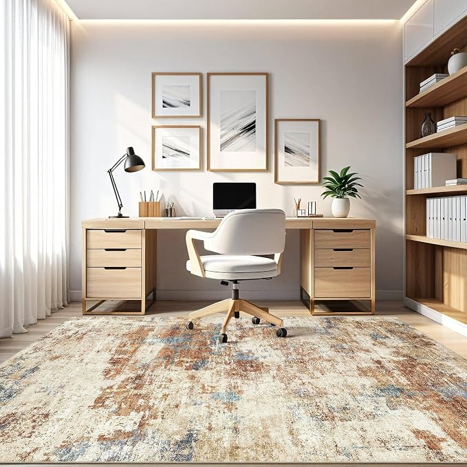 7x10 Area Rug Washable Rug: Large Abstract Modern Soft Stain Resistant Indoor Floor Non-Slip Accent Carpet for Living Room Bedroom Nursery Playroom Dining Room Office Dorm Home House- Blue Orange
