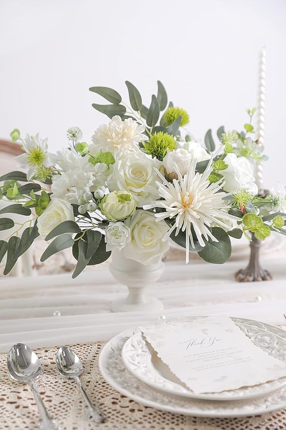 White Artificial Flower Box Set Silk Fake Flowers for DIY Centerpieces Cake Decorations, Wedding Bouquets, Boutonnieres, Home Decor (White Green)