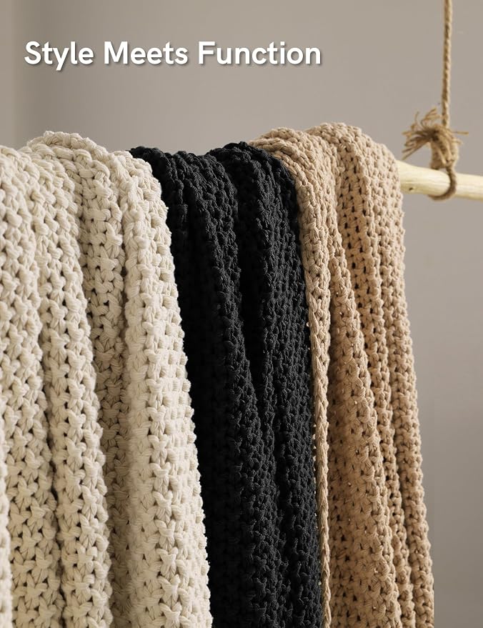 YnM Chunky Cotton Knit Throw Blanket, Cable Knit Throws for Bed Couch Sofa, Comfy & Relaxing, Decorative Piece for Farmhouse Modern Boho Rustic Scandinavian Chic Vibe, Black 80x87 Inches
