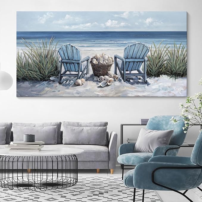 HGUAOA Coastal Wall Art - Large Landscape Wall Pictures for Living Room, Bedroom Pictures, Ocean Beach Artwork, Blue Wall Art, Above Bed Decor, Coastal Landscape Beach Pinting