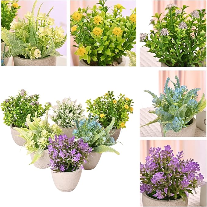 LUEUR Set of 6 Potted Artificial Flowers Arrangement, Fake Flowers with Vases Faux Flowers in Pot for Centerpiece Table Decorations Spring Decor for Home Office Desktop