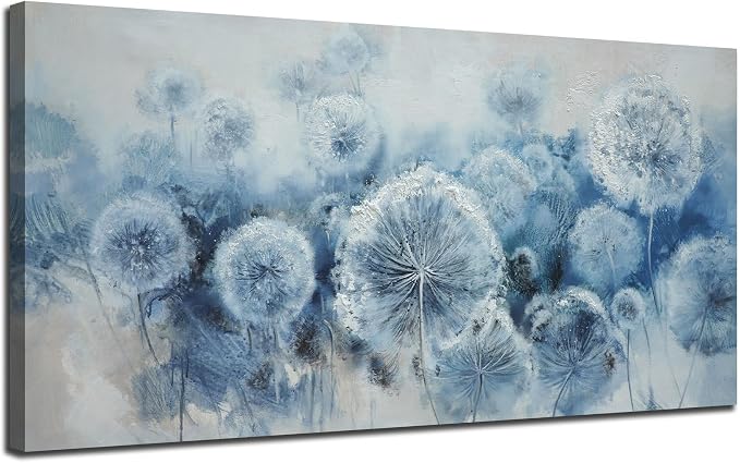 Arjun Large Wall Ar for Living Room, Dandelion Painting Flower Indigo Floral Canvas Art Wall Decor, Blue and White Textured Bedroom Artwork Framed for Home Office Oversize 58"x29"
