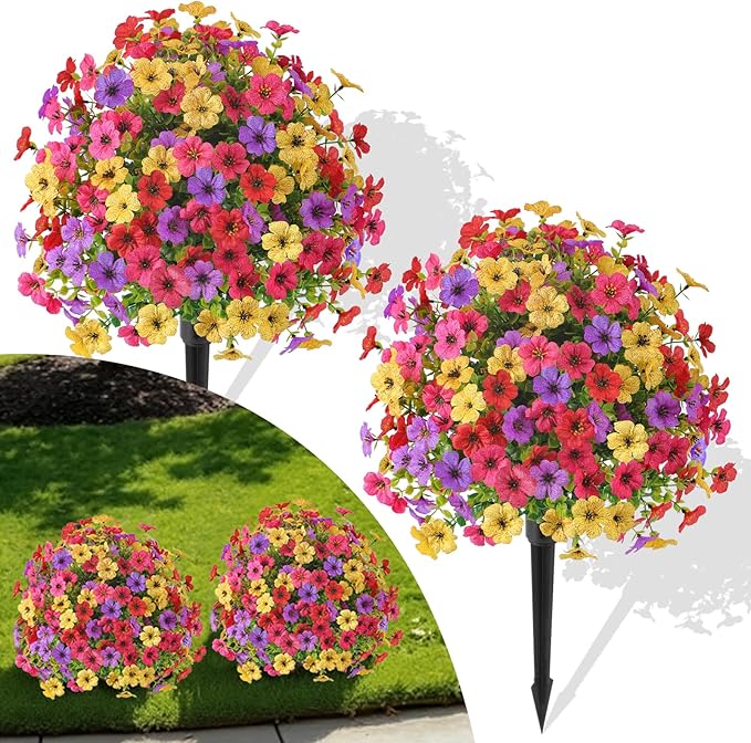 Alupssuc 2Pcs 20" Artificial Topiary Ball Flowers For Outdoors Planters, Spring Decoration with Spike, UV Resistant Faux Summer Plants, Fake Bushes Indoor Decor, Mix 4 Colors for Garden, Porch & Patio