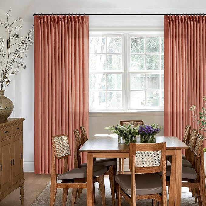 Red Clay Linen Pinch Pleated Curtains 108 Inches Long 2 Panels for Living Room Bedroom Light Filtering Drapes 108 Inch Length Terracotta Autumn Fall Semi Sheer Memory Trained Ceiling Floor Curtain