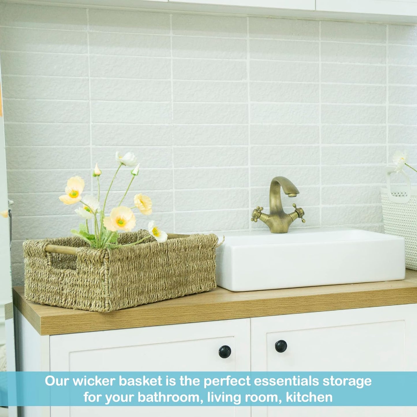 Large Natural Wicker Basket Rectangular with Wooden Handles, Seagrass Storage for Organizing, Shelves 15.5 x 10.6 x 5.5 inches