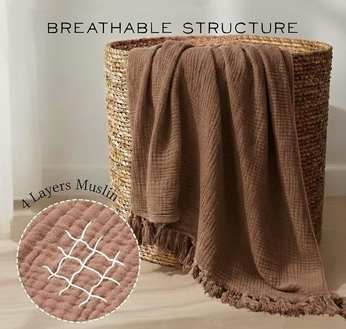 KyraHome 100% Cotton Throw Blankets, 90"x104" King Size, Organic Cotton Pre-Washed, Lightweight Gauze Fall Throw Blankets, Layering Muslin Blankets Bed Coverlet, All Season, (Brown)