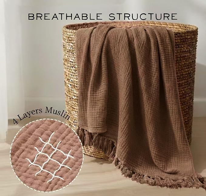 KyraHome 100% Organic Cotton Muslin Blanket, 60"x80" Large Pre-Washed Plant Dyed Lightweight Breathable Soft Gauze Summer Throw Blankets for Adults, All Season (Brown)