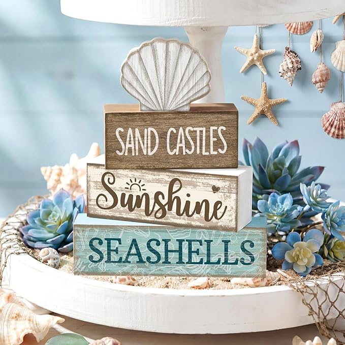 Yuntau 4 Pcs Summer Decorations for Home Shells Wooden Tabletop Decor Summer Tiered Tray Decor Rustic Wood Block Sign Gift Centerpiece Farmhouse Table for Shelf Office