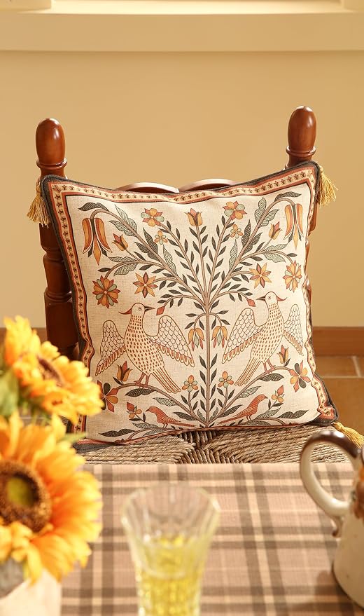 bilin gaier Designer Linen Throw Pillow Covers,18"x18" Set of 2-Seville A | Vintage Elegant Square Pillow Cover,Concealed Zipper,Floral and Bird Pattern,Sofas,Bedroom,Living Room,Lounge Chairs