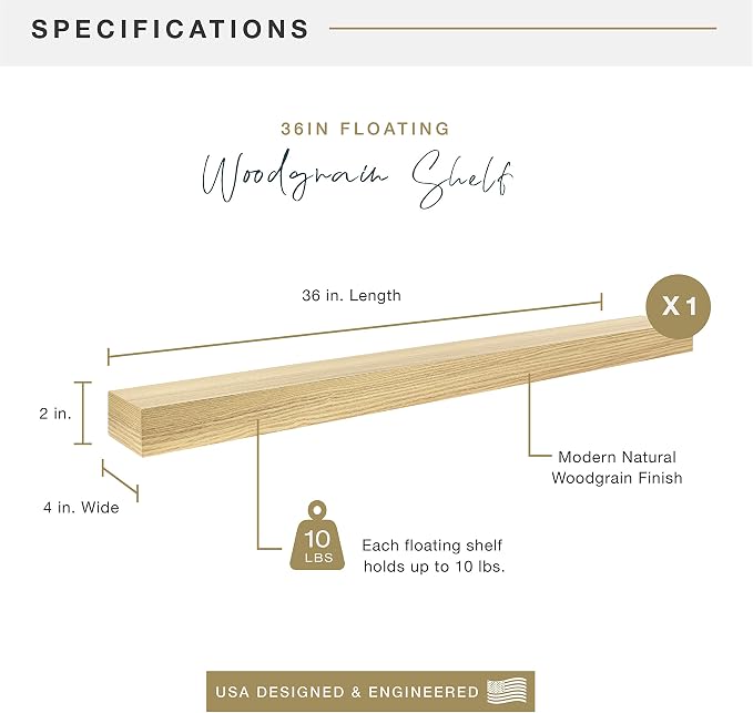 MCS Natural Woodgrain Floating Shelf, 36 Inch x 4 Inch, 36 x 4