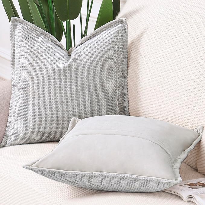 MADIZZ Decorative Chenille Velvet Throw Pillow Covers Set of 2 Soft Boho Textured Neutral Couch Throw Pillow for Bed Modern Farmhouse Home Decor for Sofa Livingroom Oatmeal 18x18 Inch