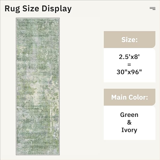 Soalmost Washable Runner Rug, 2'6" x 8' Non-Slip Kitchen Vintage Foldable 2.5x8ft Hallway Runners for Entryway, Laundry, Bedroom, Green/Ivory
