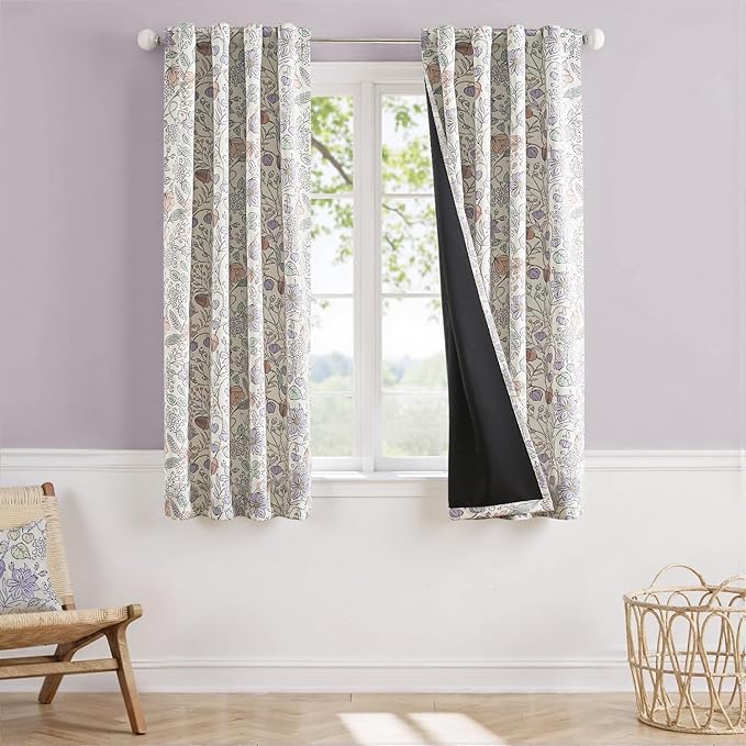 Vangao Purple Nursery Curtains for Girls Room Floral Blackout Curtains 63 Inch Length Farmhouse Drapes for Bedroom Room Darkening Flower Patterned Window Treatment for Kids Set of 2