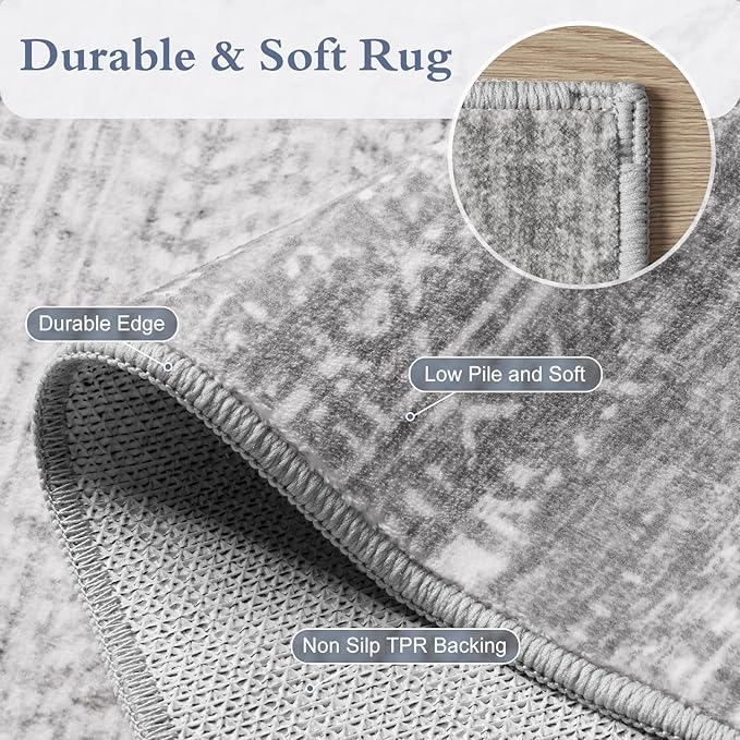 8x10 Area Rugs for Living Room Non Slip Machine Washable Rug Distressed Abstract Soft Indoor Carpet Neutral Boho Rug for Bedroom Dining Room Playroom Office, Grey