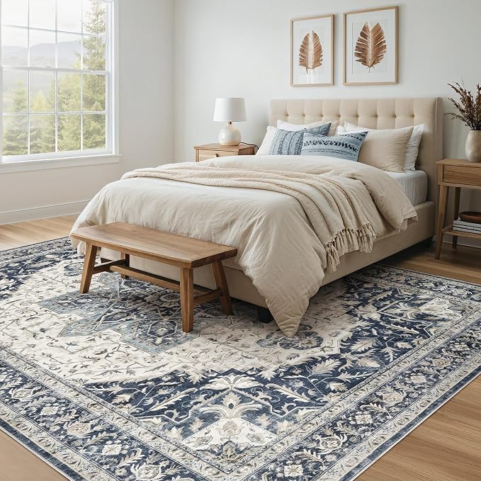 Tortania Area Rug Living Room Rugs - 10x14 Washable Boho Rug Vintage Oriental Distressed Farmhouse Large Thin Indoor Carpet for Living Room Bedroom Under Dining Table Home Office - Indigo