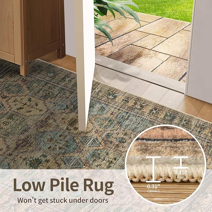 Rugxara 8x10 Area Rugs for Living Room Bedroom, Large Washable Rug, Brown Vintage Retro Boho Rug, Non Slip & Low Pile Faux Wool Thin Carpet for Indoor Dining Room and Kids Room(Brown 8x10ft)