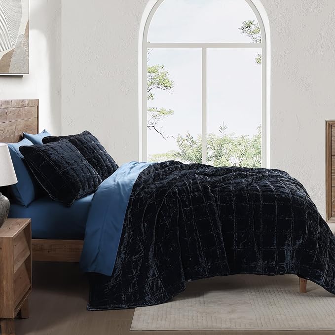 HiEnd Accent Stella Faux Silk Velvet Double Box Stitch 3 Piece Quilt Set, King Size, Midnight Blue Solid Color, Classic Chic Modern Rustic Elegant Bedding Set, Lightweight Bed Set