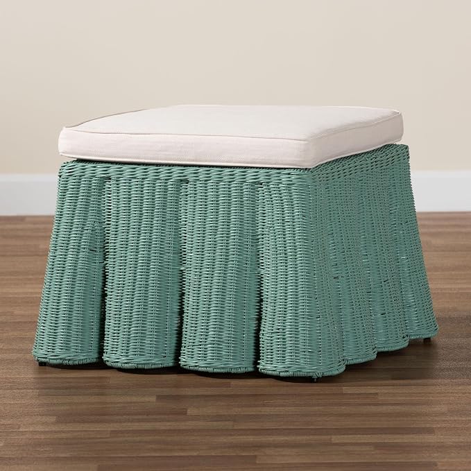 Bali & pari Palm Bohemian Seafoam Green Scallop Rattan Ottoman