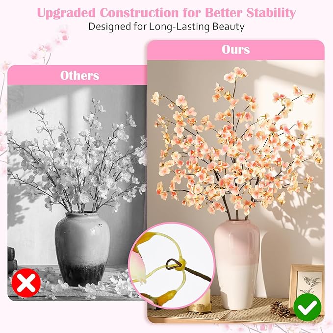 Uieke 3PCS Silk Cherry Blossom Branches, 40.5in Artificial Cherry Blossom Flowers Long Stems Fake Flowers Arrangements for Tall Vase Wedding Home Spring Japanese Decor, Yellow Pink