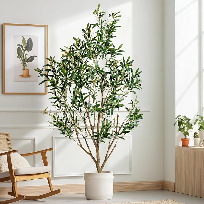 5FT Artificial Olive Tree with Realistic Leaves & Natural Trunk, Faux Silk Olive Plant in White Planter, Tall Fake Tree for Modern Home Office Living Room Entryway Corner Decor, Maintenance Free