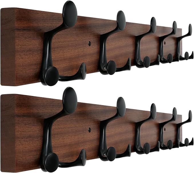WEBI Coat Rack Wall Mount,30" Solid Wood Coat Hooks Wall Mounted Coat Hanger,16" Hole to Hole,Heavy Duty 5 Triple Hooks for Hanging Coats,Jacket,Hat,Backpack,Farmhouse,Reddish Brown,2 Packs